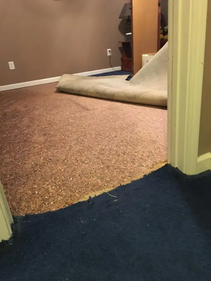 Carpet pad removal revealing water damage during Drying & Dehumidification in Vidor